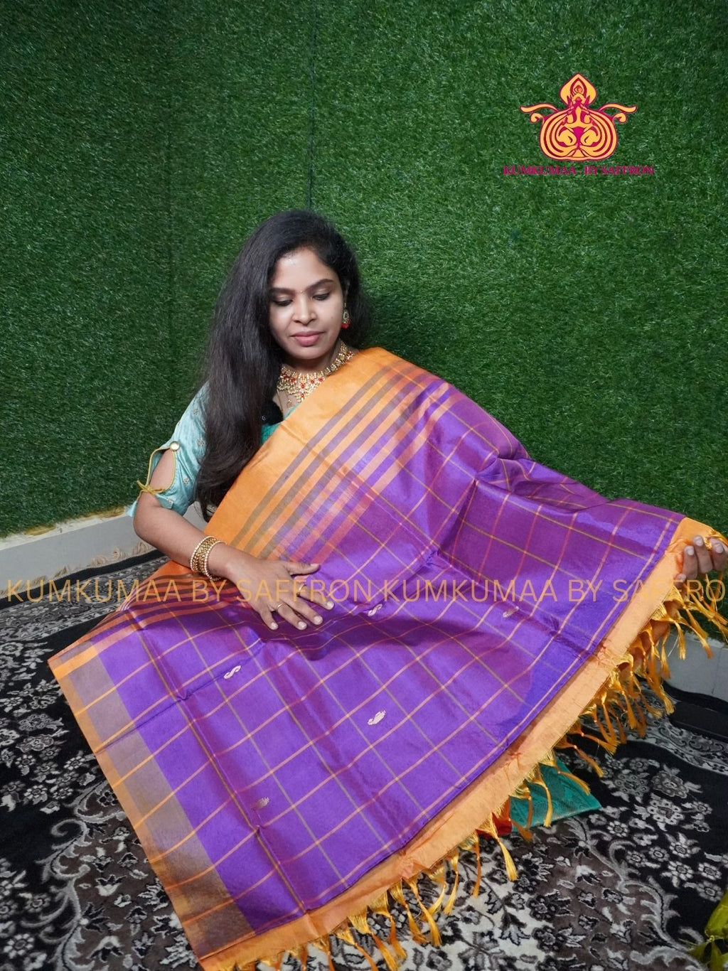 VAAZHAINAAR PATTU - PURPLE AND ORANGE SAREE - WITHOUT BORDER- TRADITIONAL WITHOUT BLOUSE - Kumkumaa TRADITIONAL