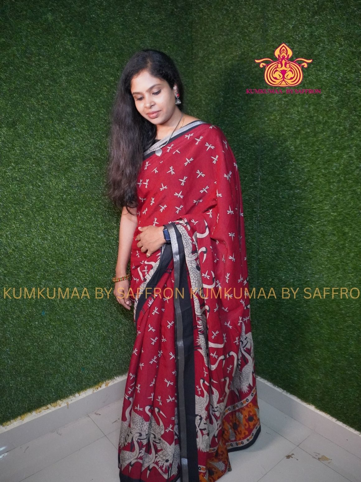 Dola Silk - COMFORTABLE FESTIVE Beautiful saree for women- RED AND BLACK- CRANE DESIGN - ANIMAL PRINT - KUMKUMAA TRENDY TRADITIONAL WEAR - Comfort - Confidence - Elegance