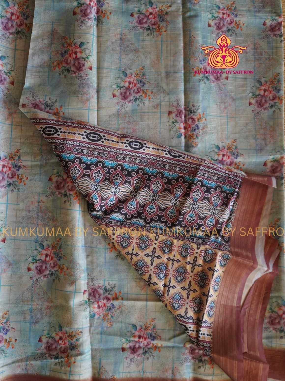 TUSSAR SILK -PASTEL GREEN WITH FLORAL PRINTED SAREE - LATEST COLLECTION - KUMKUMAA BY SAFFRON - UNIQUE DESIGN