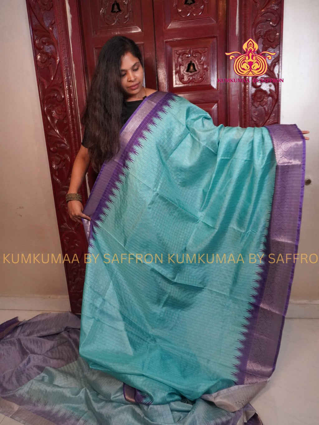 TUSSAR SILK - BLUE -PURPLE - CHECKED SAREE - TEMPLE BORDER ETHNIC - ZARI BORDER - LATEST COLLECTION - KUMKUMAA BY SAFFRON - UNIQUE DESIGN