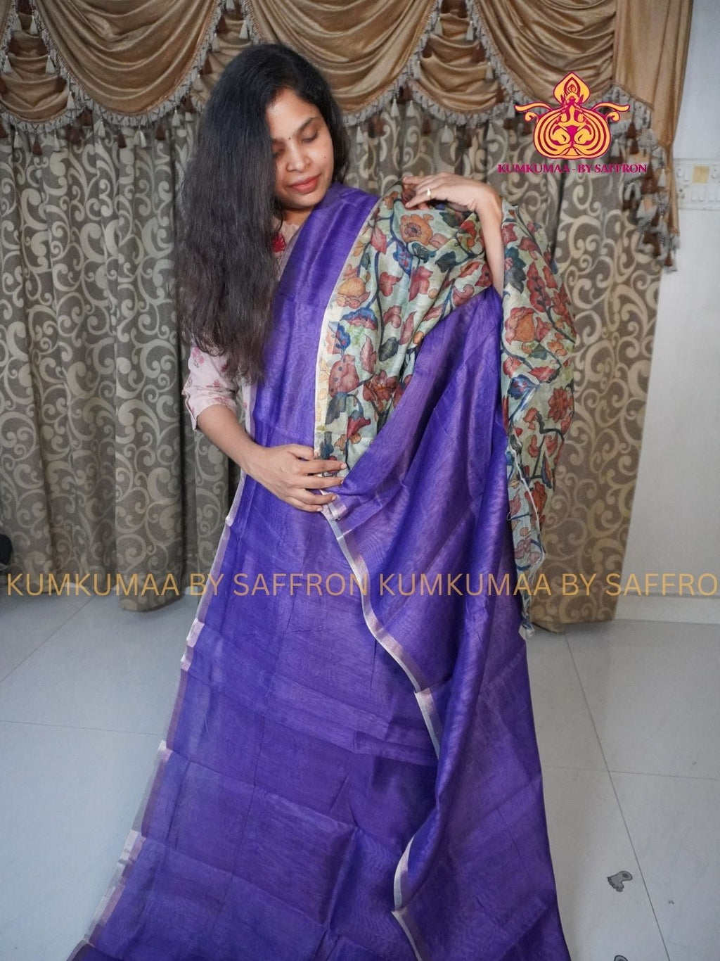 CHANDERI COTTON - PURPLE - FLORAL BLOUSE PIECE AND PALLU- PROFESSIONAL WEAR- MINIMALIST BORDER - LATEST COLLECTION - KUMKUMAA BY SAFFRON - ELITE DESIGN