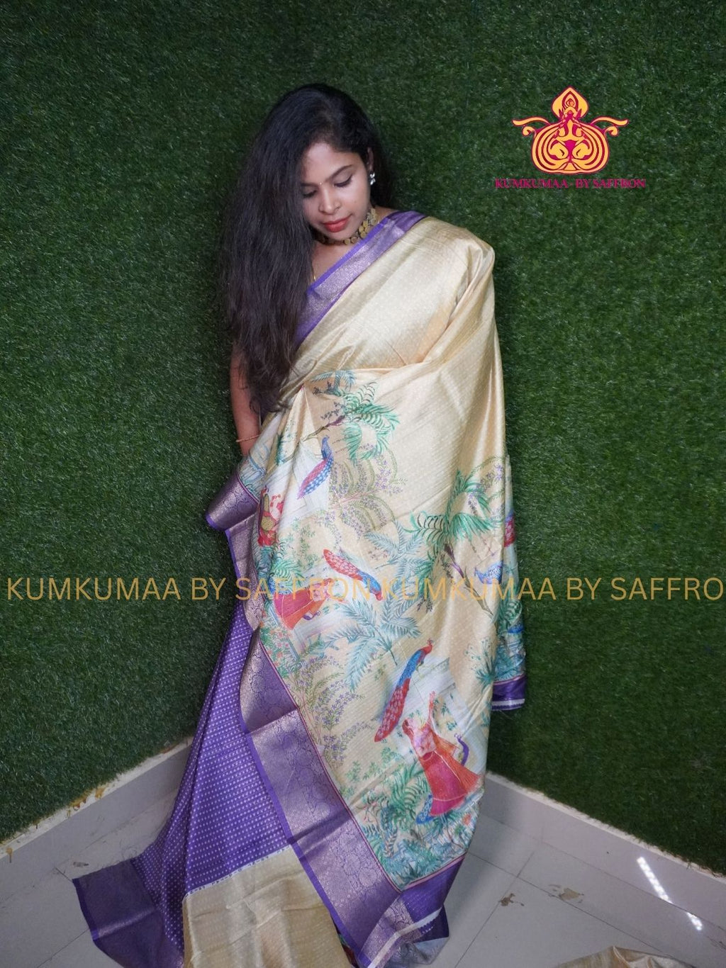 Dola Silk - COMFORTABLE FESTIVE Beautiful saree for women- MILD YELLOW AND PURPLE - GOLD ZARI STRIPES - FOREST PRINT - KUMKUMAA TRENDY TRADITIONAL WEAR - Comfort - Confidence - Elegance