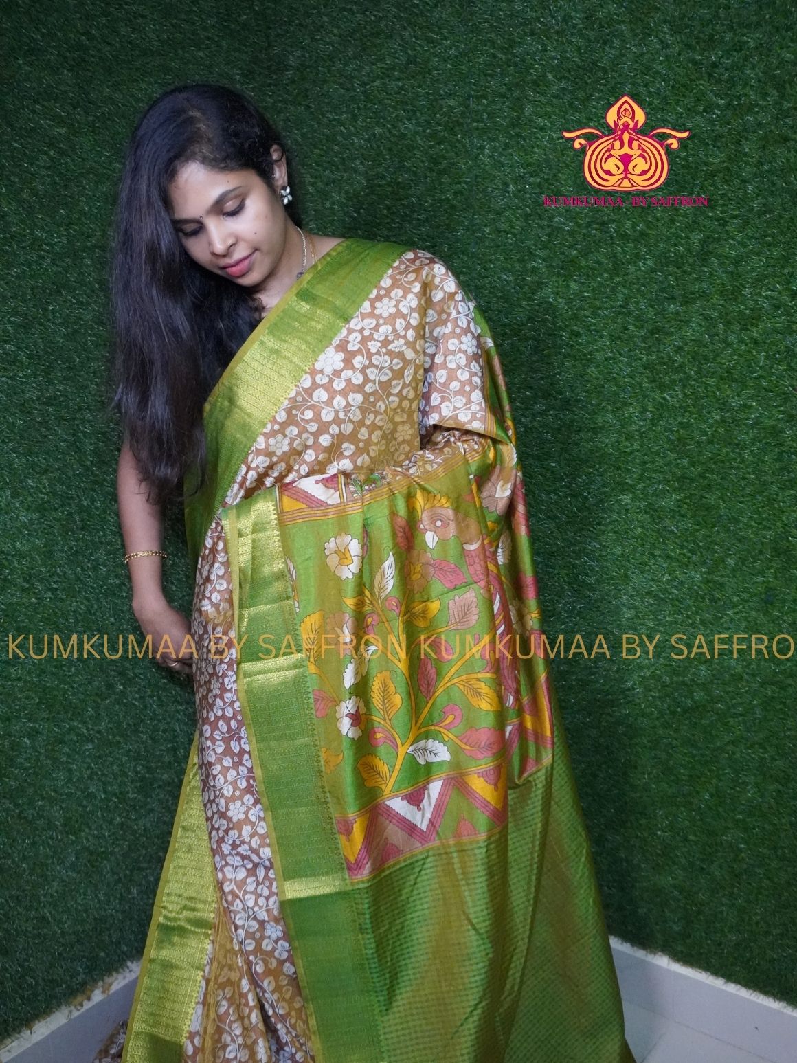 PATOLA SAREE - KALAMKARI PRINT DUAL TONE saree - GOLD WITH GREEN CREEPER DESIGN SAREE- Beautiful saree for women - KUMKUMAA FANCY FOR ALL OCCASION