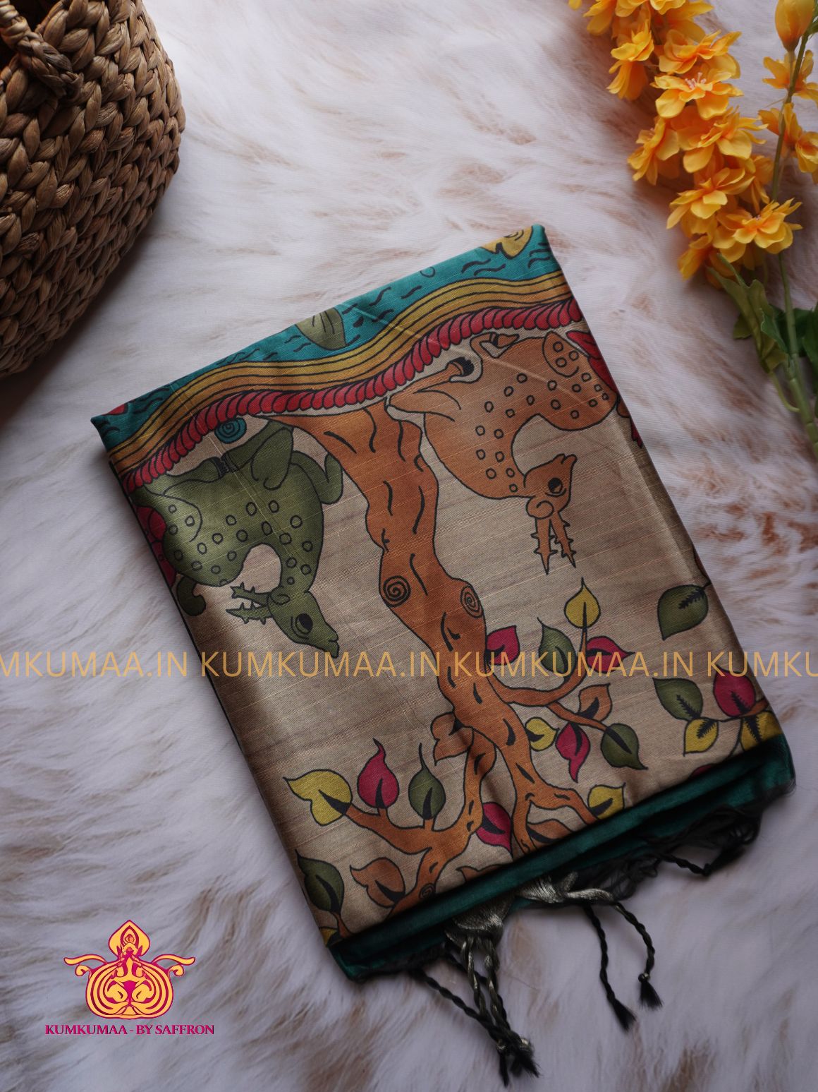 SEMI RAW SILK SAREE - DARK GREEN AND LIGHT BLUE, BEIGE - PRINTED PALLU - TRENDY WEAR SAREE- Beautiful saree for women - KUMKUMAA TRENDY FOR ALL OCCASION