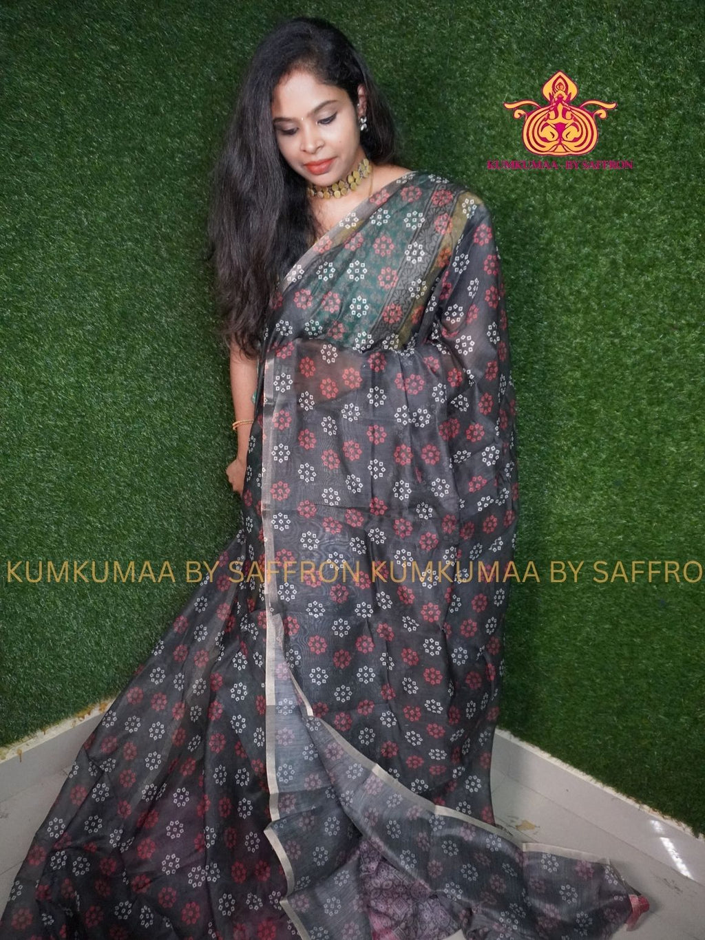 CHANDERI COTTON - BLACK WITH AJRAKH - DOTS DESIGN - PROFESSIONAL WEAR- MINIMALIST BORDER - LATEST COLLECTION - KUMKUMAA BY SAFFRON - ELITE DESIGN