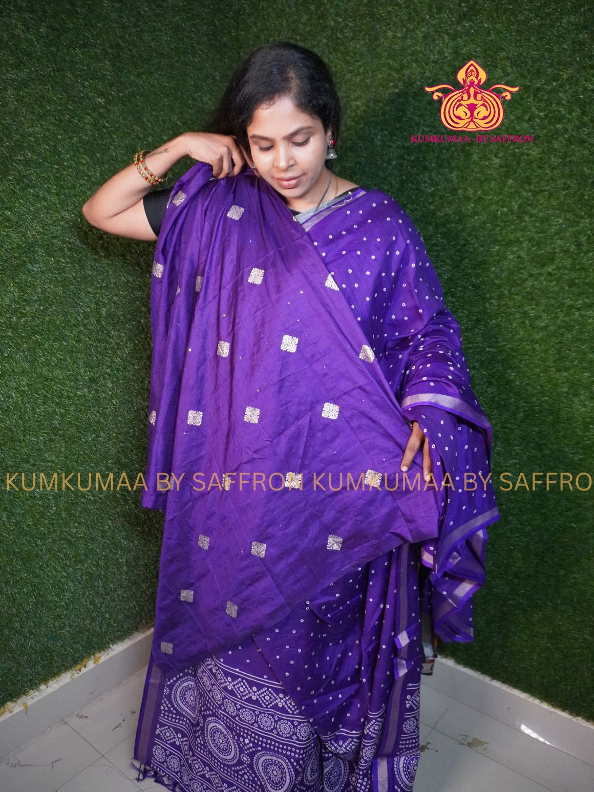 SOFT MUL COTTON SILK- PURPLE SAREE WITH FANCY BLOUSE -TIE DYE BHANDINI PRINT- Kumkumaa FESTIVE - SEQUENCE BANARASI BLOUSE - OCCASION ELEGANCE - STYLISH AND BEAUTIFUL