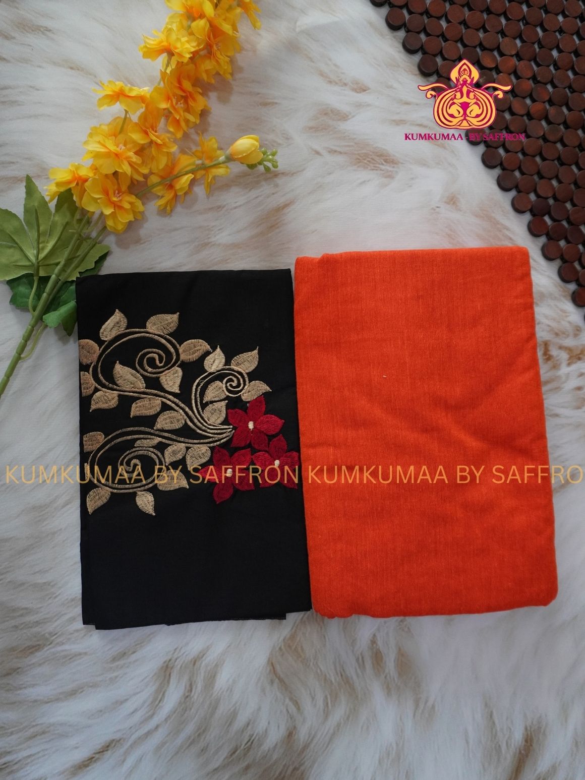 KATHI COTTON- ORANGE AND BLACK SAREE WITH BLOUSE- EXTRA BLOUSE WITH EMBROIDERY DESIGN - Kumkumaa Exclusive SOFT KADHI COTTON - FANCY COMFORT