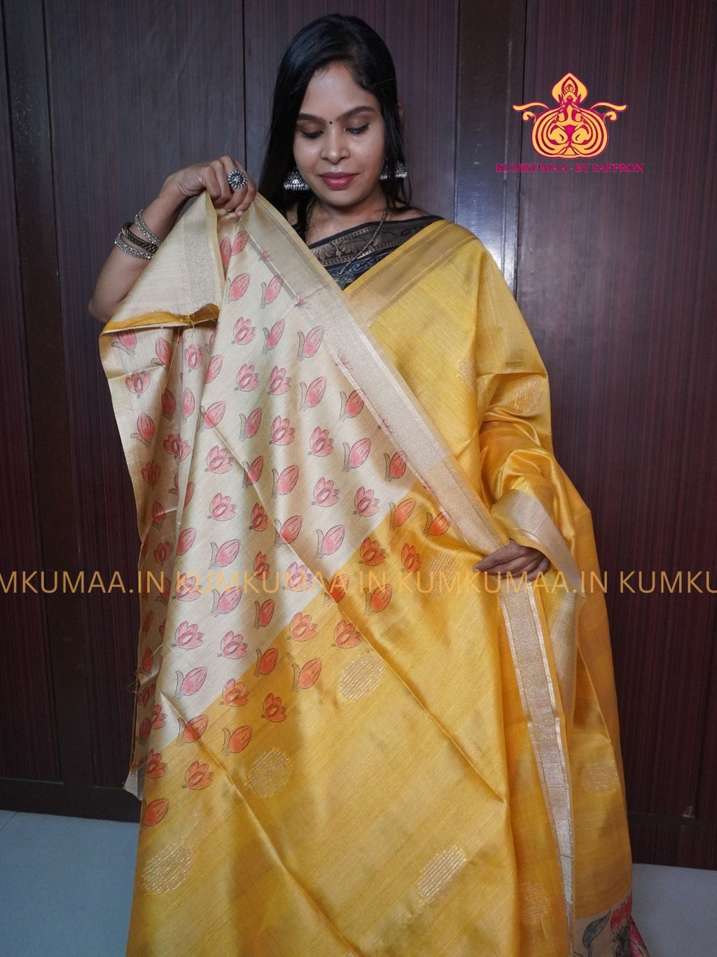 COTTON SILK- YELLOW AND BEIGE SAREE WITH BLOUSE - MINIMALISTIC BORDER -FLORAL DESIGN PRINTED- Kumkumaa FESTIVE - OCCASION ELEGANCE - STYLISH AND BEAUTIFUL