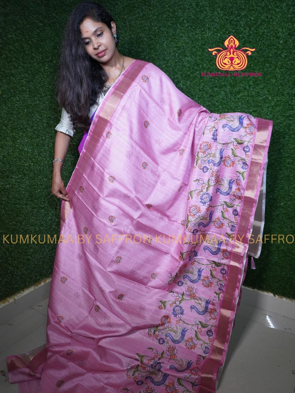 TUSSAR SILK -PINK WITH FLORAL AND PEACOCK PRINTED SAREE - LATEST COLLECTION - KUMKUMAA BY SAFFRON - UNIQUE DESIGN