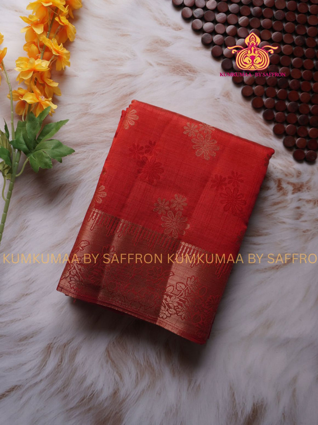 RAW SILK SAREE - RED SAREE WITH FLORAL DESIGN - ETHNIC WEAR - EXCLUSIVE KUMKUMAA COLLECTION- RAW SILK MATERIAL -FESTIVE
