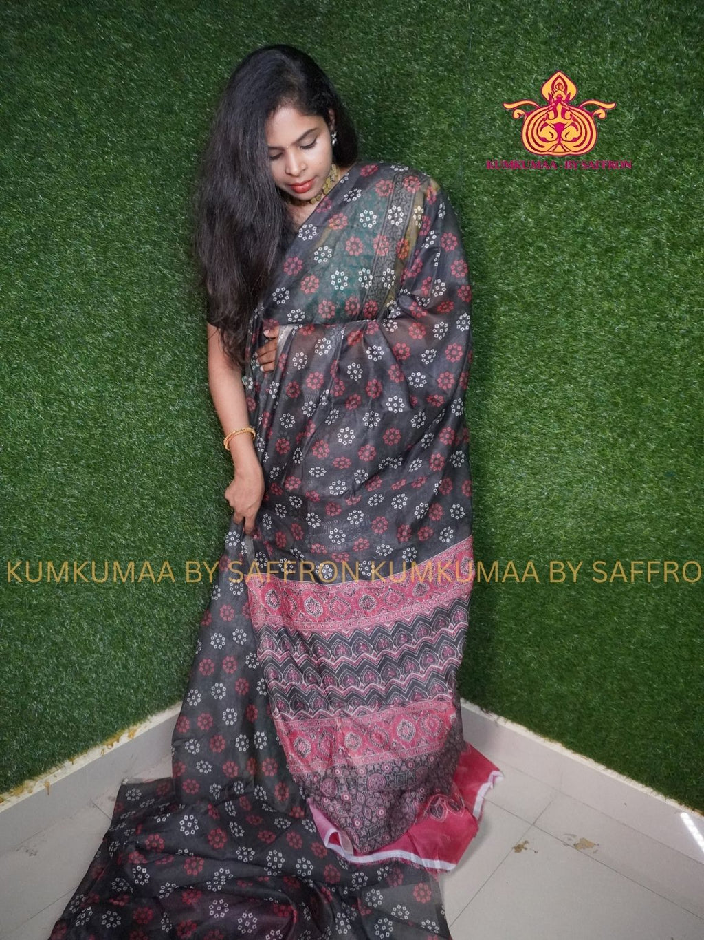 CHANDERI COTTON - BLACK WITH AJRAKH - DOTS DESIGN - PROFESSIONAL WEAR- MINIMALIST BORDER - LATEST COLLECTION - KUMKUMAA BY SAFFRON - ELITE DESIGN