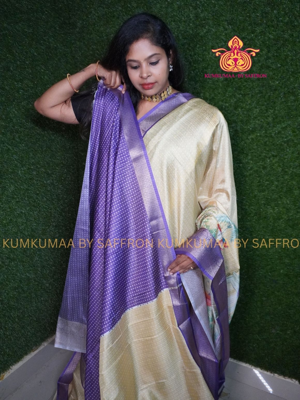 Dola Silk - COMFORTABLE FESTIVE Beautiful saree for women- MILD YELLOW AND PURPLE - GOLD ZARI STRIPES - FOREST PRINT - KUMKUMAA TRENDY TRADITIONAL WEAR - Comfort - Confidence - Elegance