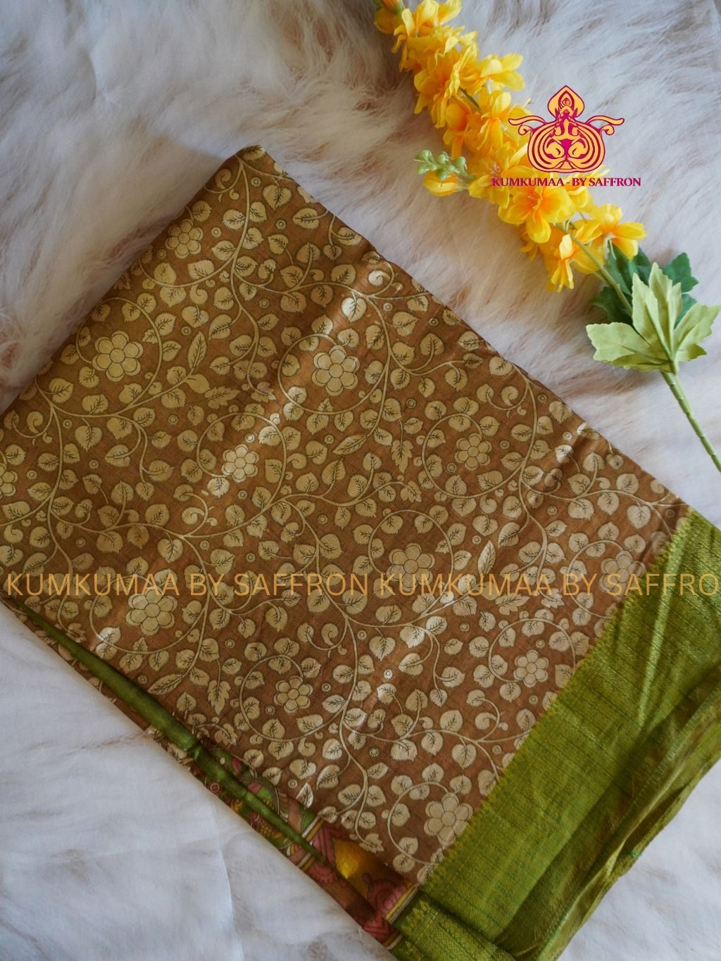 PATOLA SAREE - KALAMKARI PRINT DUAL TONE saree - GOLD WITH GREEN CREEPER DESIGN SAREE- Beautiful saree for women - KUMKUMAA FANCY FOR ALL OCCASION