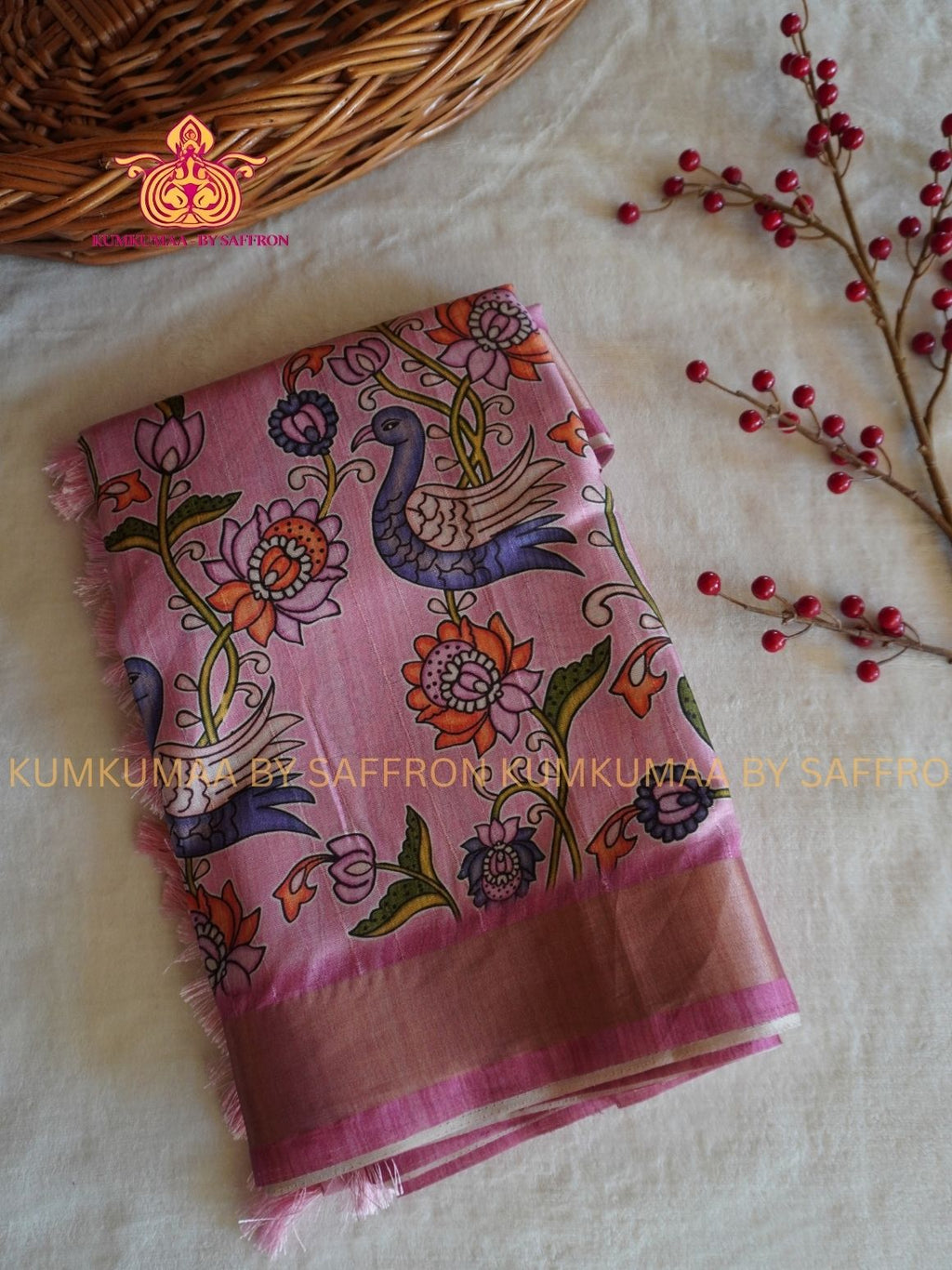 TUSSAR SILK -PINK WITH FLORAL AND PEACOCK PRINTED SAREE - LATEST COLLECTION - KUMKUMAA BY SAFFRON - UNIQUE DESIGN