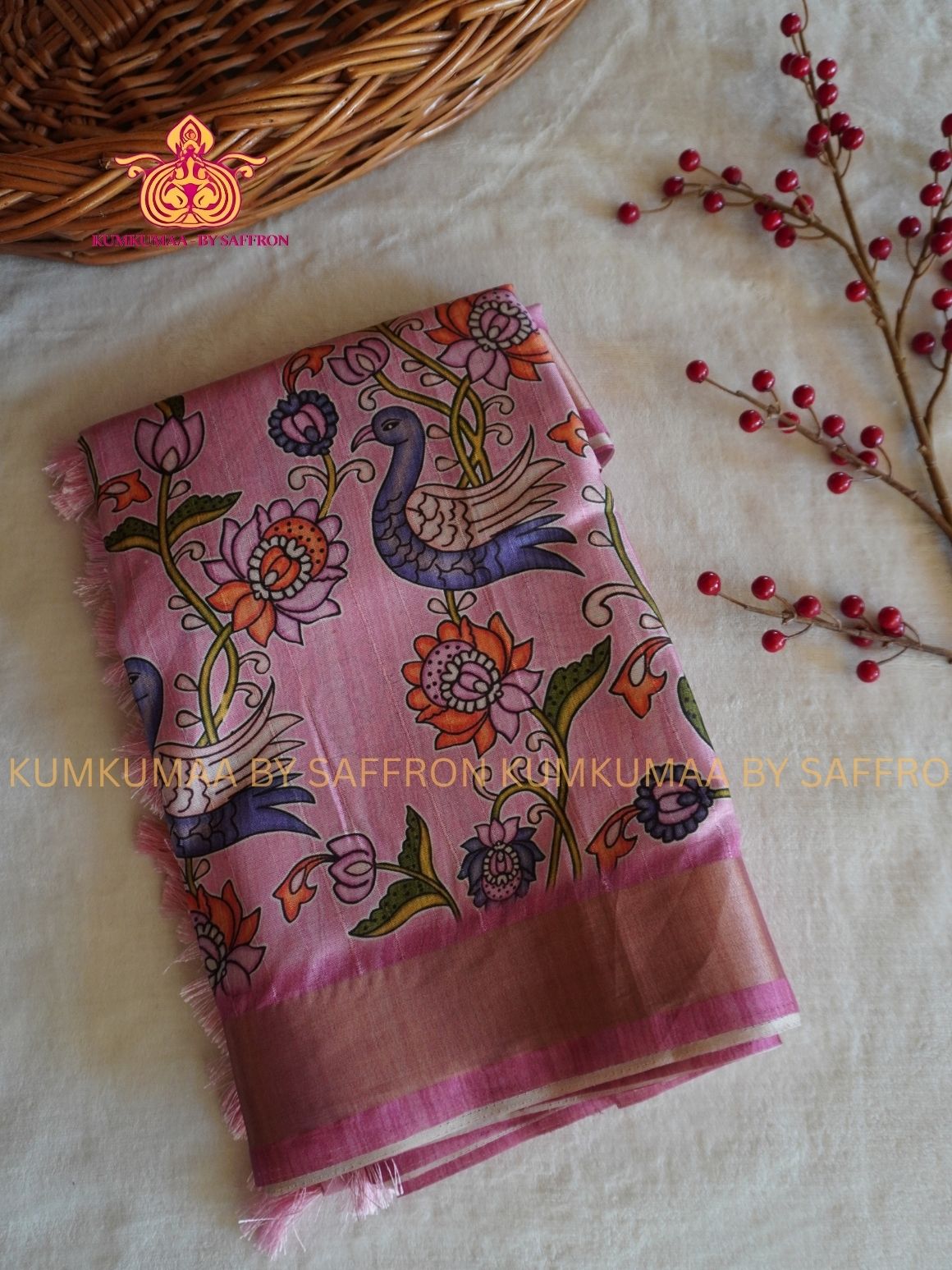 TUSSAR SILK -PINK WITH FLORAL AND PEACOCK PRINTED SAREE - LATEST COLLECTION - KUMKUMAA BY SAFFRON - UNIQUE DESIGN