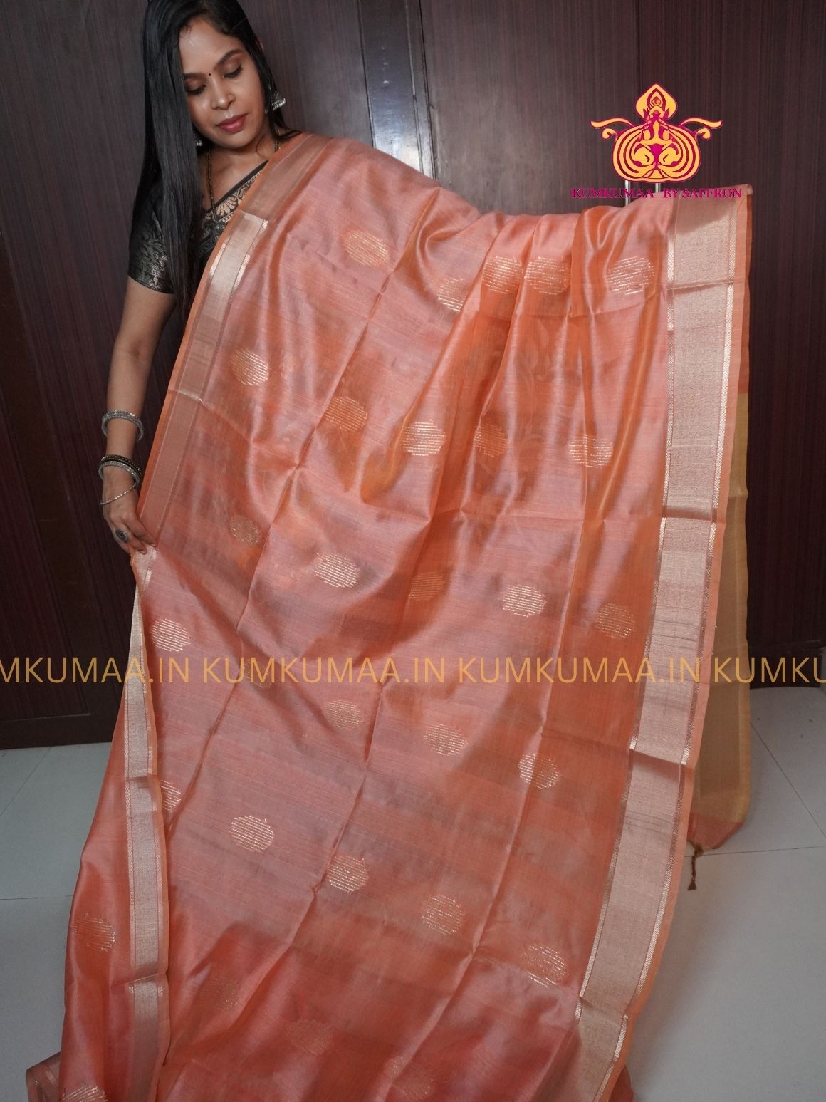 COTTON SILK- ORANGE AND BEIGE SAREE WITH BLOUSE - MINIMALISTIC BORDER -FLORAL DESIGN PRINTED- Kumkumaa FESTIVE - OCCASION ELEGANCE - STYLISH AND BEAUTIFUL
