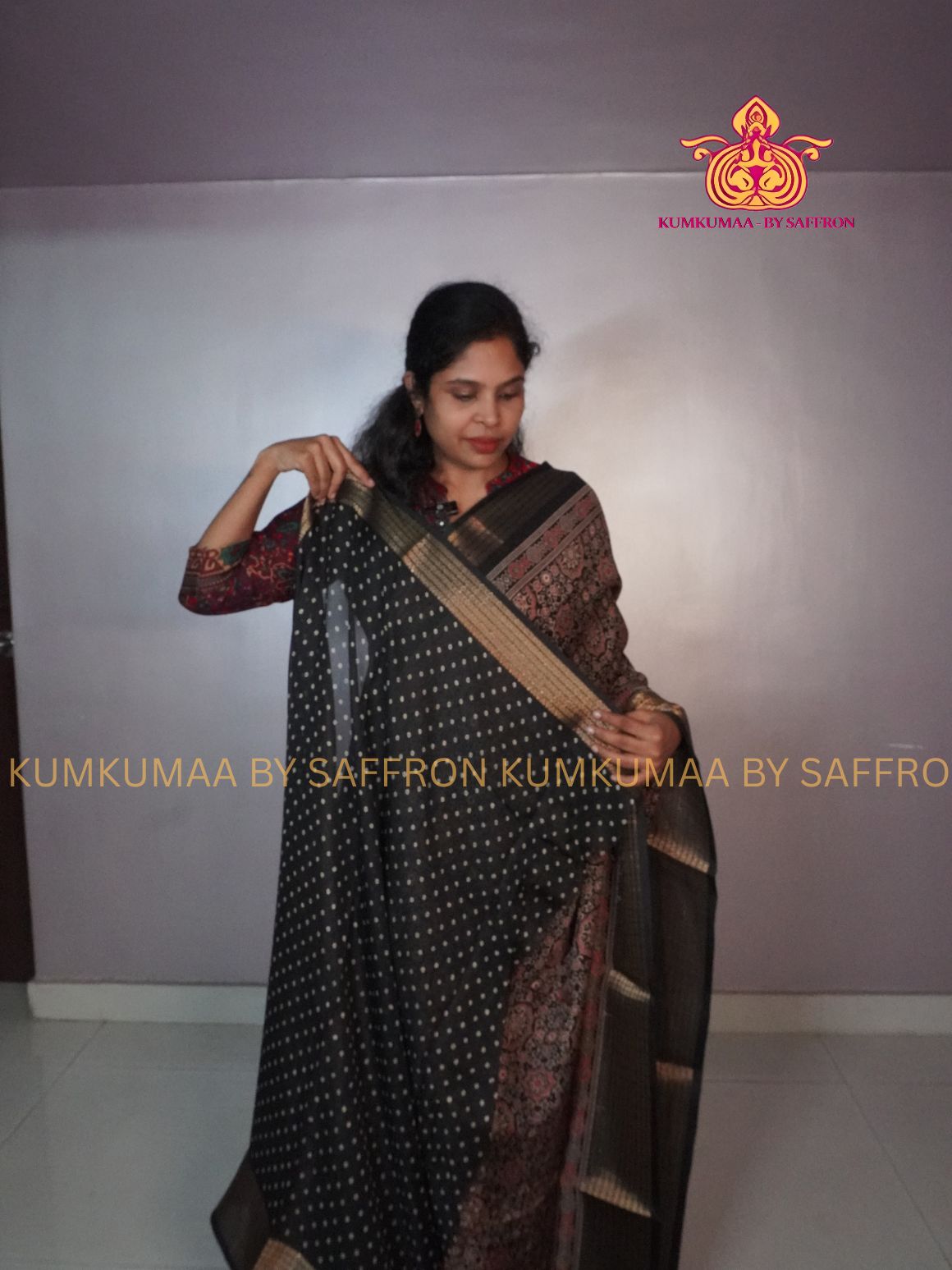 GEORGETTE- BLACK SAREE WITH AJRAKH DESIGN - ETHNIC WEAR - EXCLUSIVE KUMKUMAA COLLECTION- FLOWY MATERIAL - CHIC AND GORGEOUS