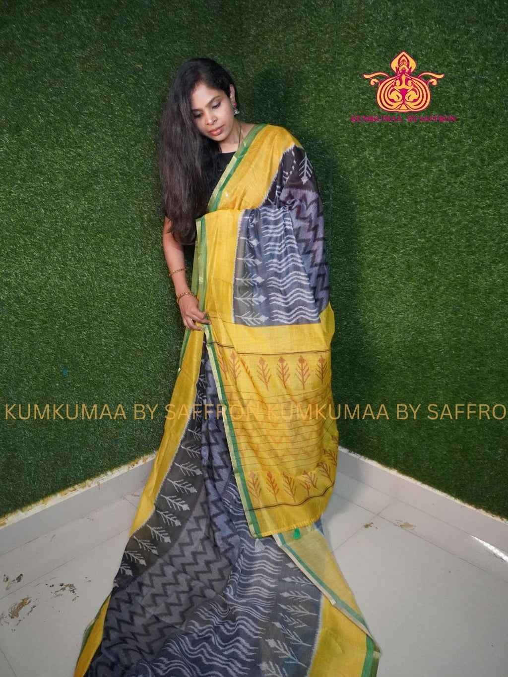 CHANDERI COTTON - GRAY AND YELLOW - ZIG ZAG DESIGN SAREE - PROFESSIONAL WEAR- MINIMALIST BORDER - LATEST COLLECTION - KUMKUMAA BY SAFFRON - ELITE DESIGN