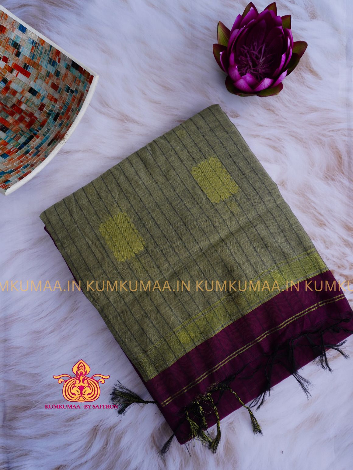 PURE COTTON-MAJANTA TONE STRIPED PRINT SAREE WITH BLOUSE - TRENDY - FLORAL DESIGN - Kumkumaa Exclusive COLLECTION - LATEST ELEGANT SAREE