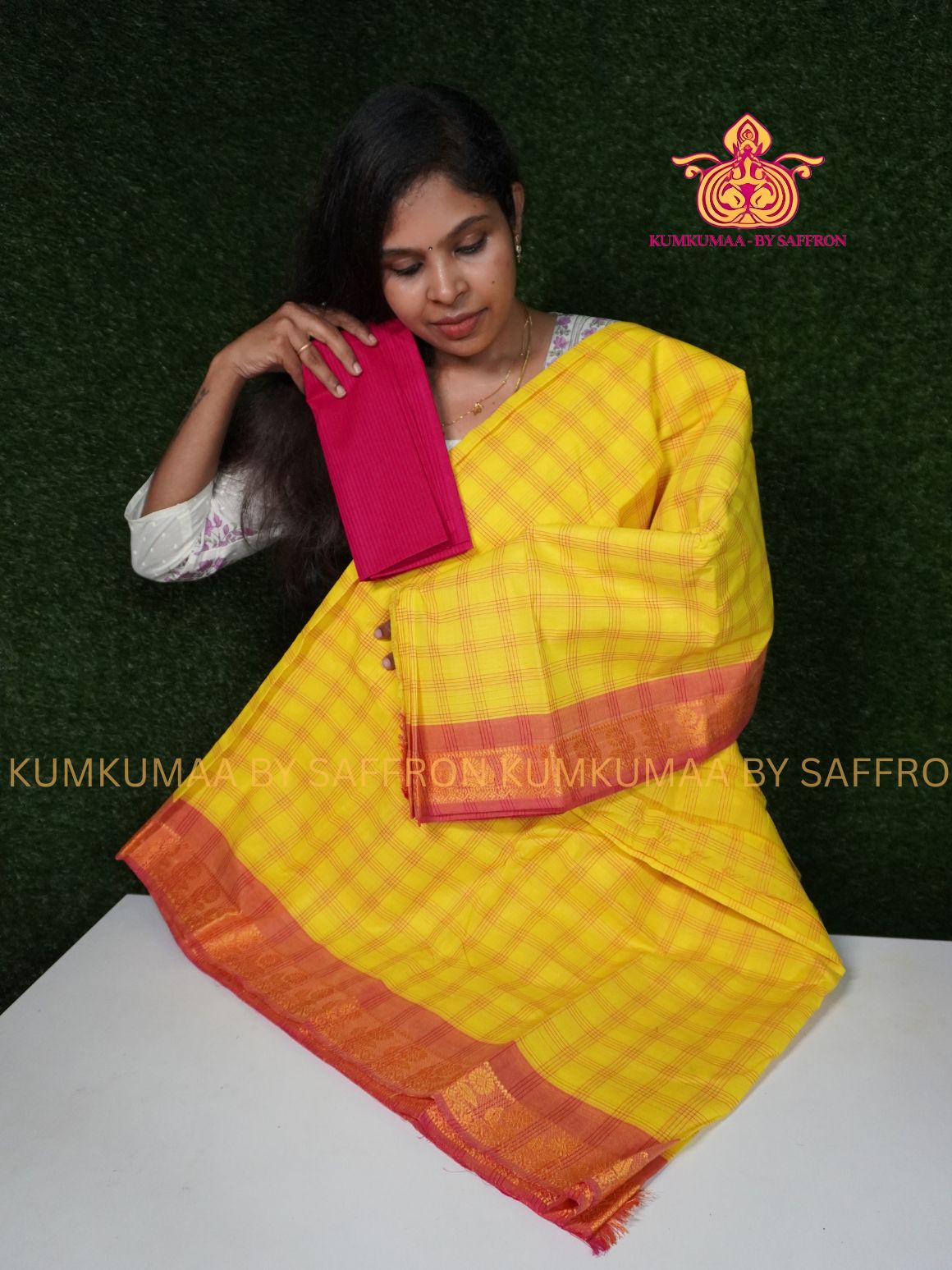 CHETTINAD COTTON - YELLOW CHECKED SAREE WITH RED BORDER - SOFT AND COMFORTABLE - Kumkumaa Exclusive COMFORT EVERYDAY SAREE