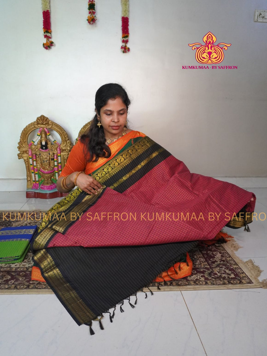 KALYANI COTTON - MAJANTA PINK WITH BBLACK CHECKED SAREE- GOLD ZARI BORDER - Kumkumaa Exclusive traditional festival temple wear