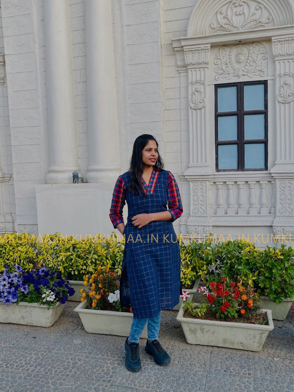 NAVY BLUE WITH MILD GOLD CHECKED KURTI WITH MADRAS CHECKS SLEEVE AND COLLAR, STRAIGHT CUT KURTI , SMART FIT, KUMKUMAA CREATION, CUSTOM MADE KURTI