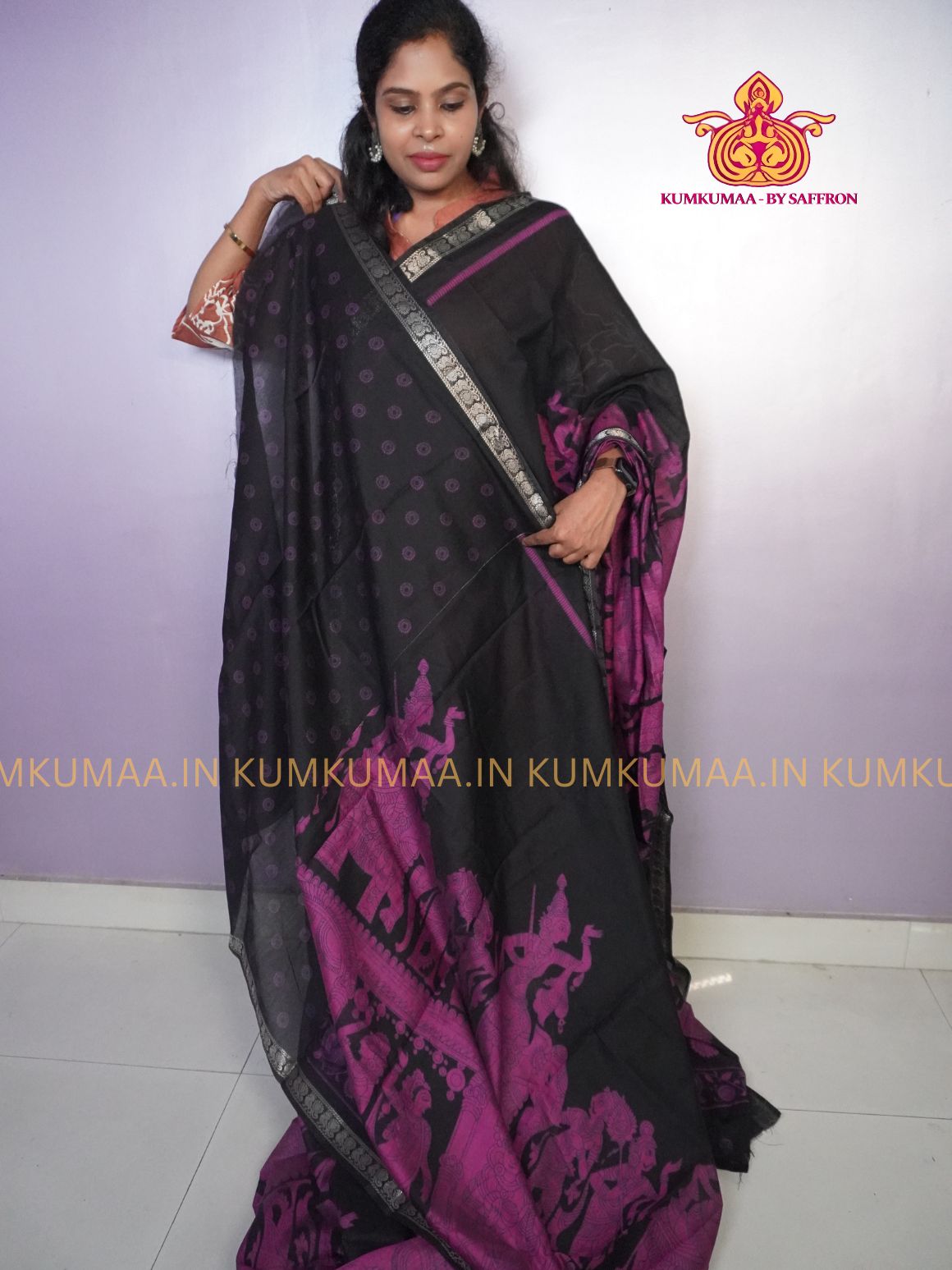MAHESHWARI COTTON - BLACK AND PINK SAREE WITH BLOUSE - Kumkumaa FESTIVE - KALAHASTI DESIGN SKIRTING BORDER - OCCASION ELEGANCE - STYLISH AND BEAUTIFUL