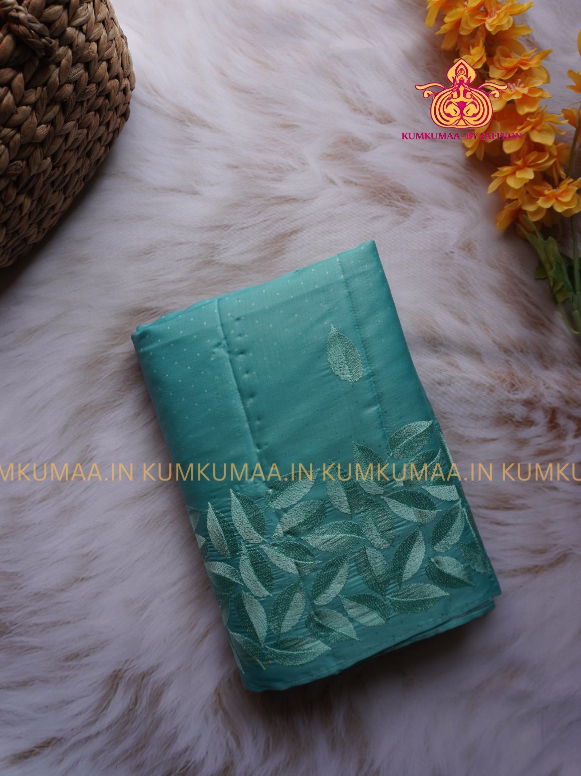 BUTTERSILK TUSSAR - TURQUOISE GREEN COLOUR - LEAF DESIGN SELF EMBROIDERED SAREE - EMBOSED SELF DESIGN - LATEST COLLECTION - KUMKUMAA BY SAFFRON - UNIQUE DESIGN