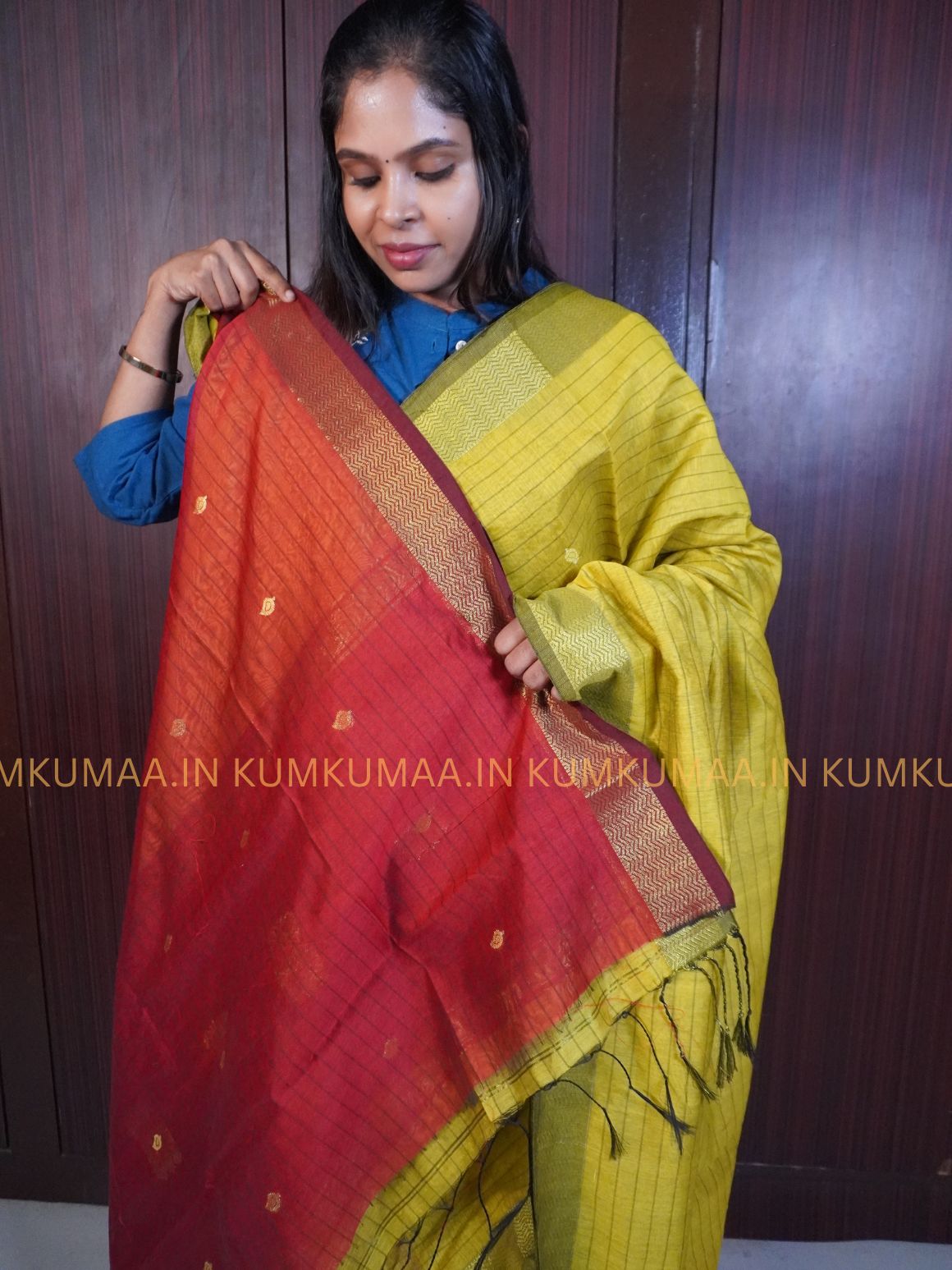 MAHESHWARI COTTON- YELLOW GREEN AND RED COLOUR STRIPED PRINT SAREE WITH BLOUSE - TRENDY - FLORAL DESIGN - Kumkumaa Exclusive COLLECTION - LATEST ELEGANT SAREE