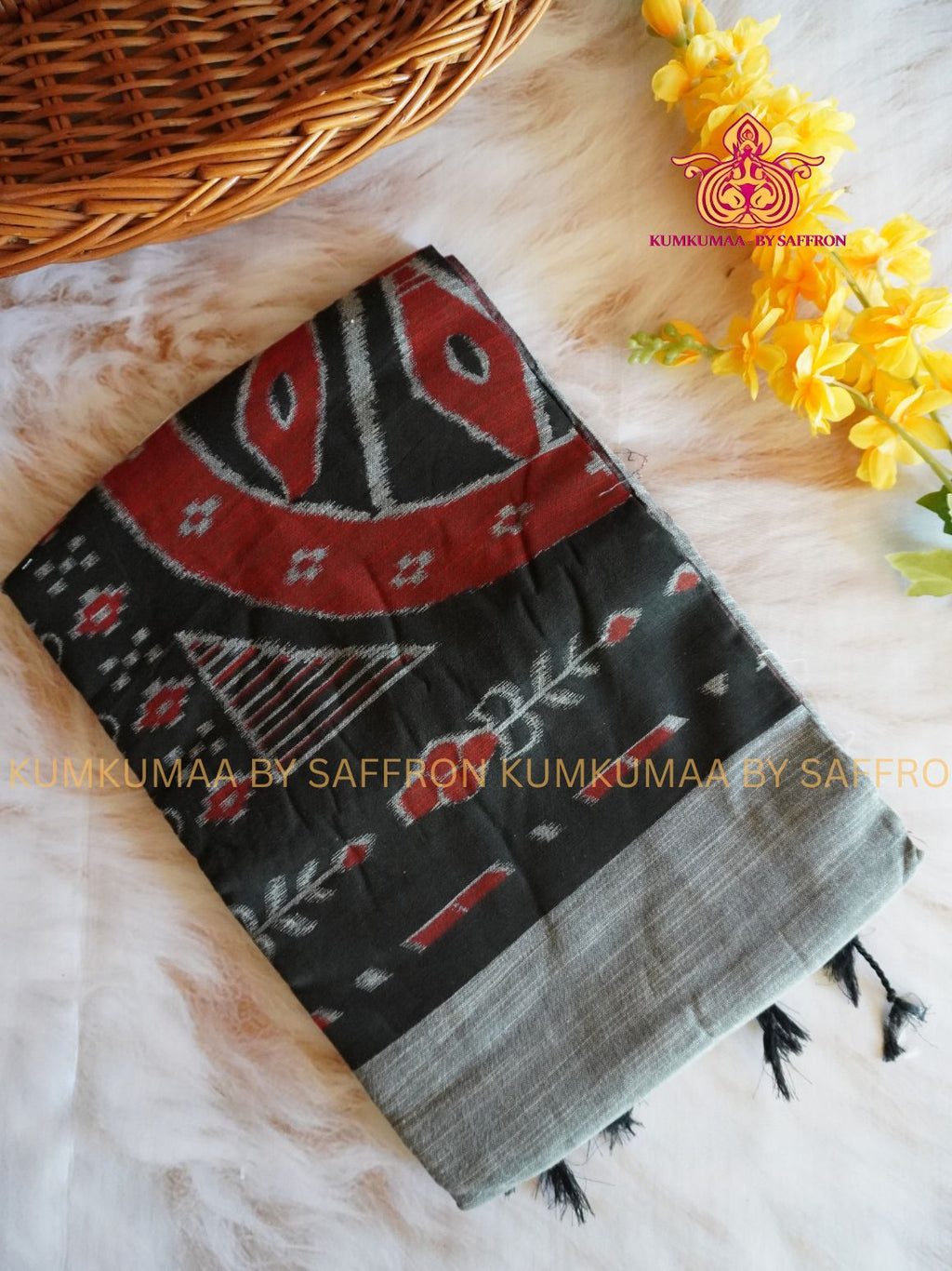 KATHI COTTON- GRAY SAREE WITH SAMBALPURI PRINT EMBROIDERY- WITH BLOUSE - Kumkumaa Exclusive SOFT KADHI COTTON - FANCY COMFORT