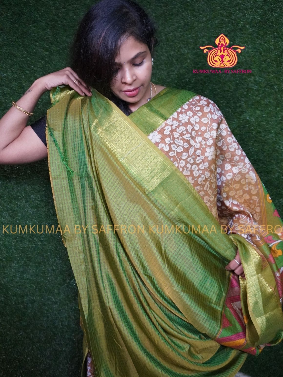 PATOLA SAREE - KALAMKARI PRINT DUAL TONE saree - GOLD WITH GREEN CREEPER DESIGN SAREE- Beautiful saree for women - KUMKUMAA FANCY FOR ALL OCCASION