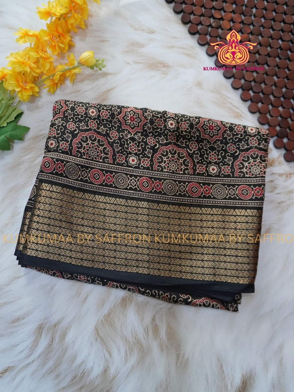 GEORGETTE- BLACK SAREE WITH AJRAKH DESIGN - ETHNIC WEAR - EXCLUSIVE KUMKUMAA COLLECTION- FLOWY MATERIAL - CHIC AND GORGEOUS