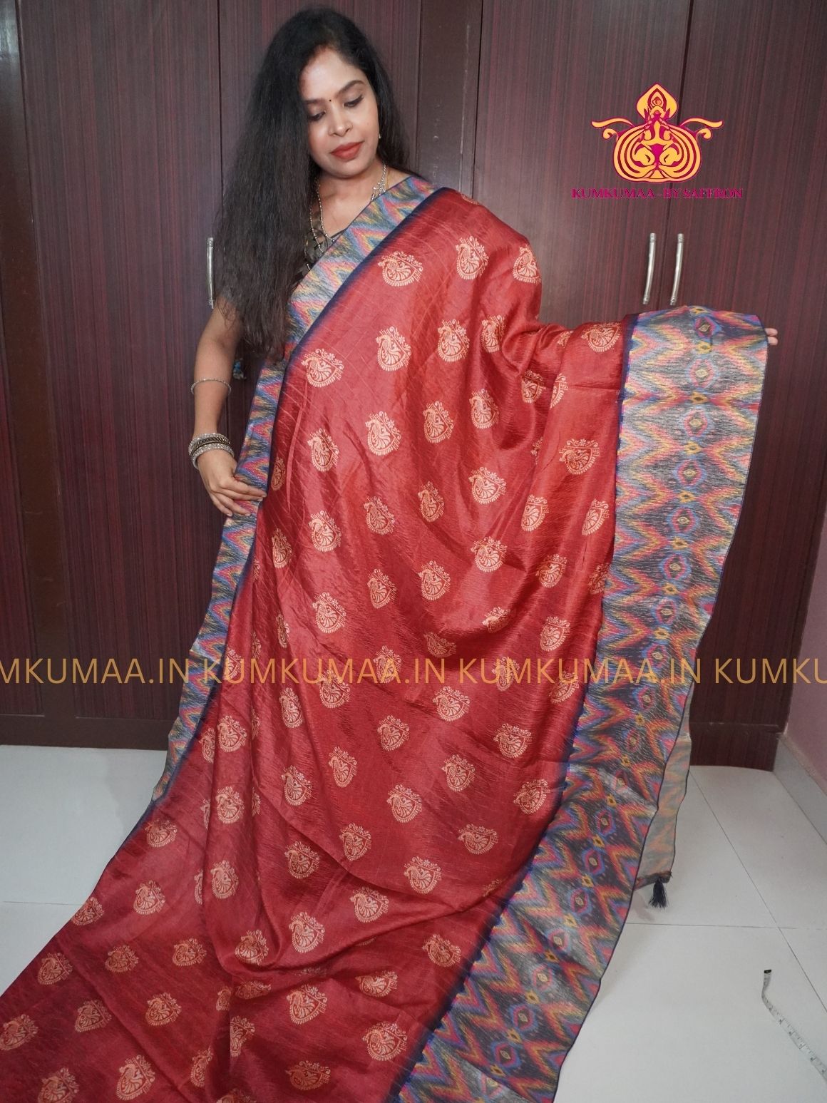SEMI- TUSSAR SILK - RED AND MULTI COLOUR - PEACOCK DESIGN SAREE - CRUSHED BORDER - LATEST COLLECTION - KUMKUMAA BY SAFFRON - UNIQUE DESIGN