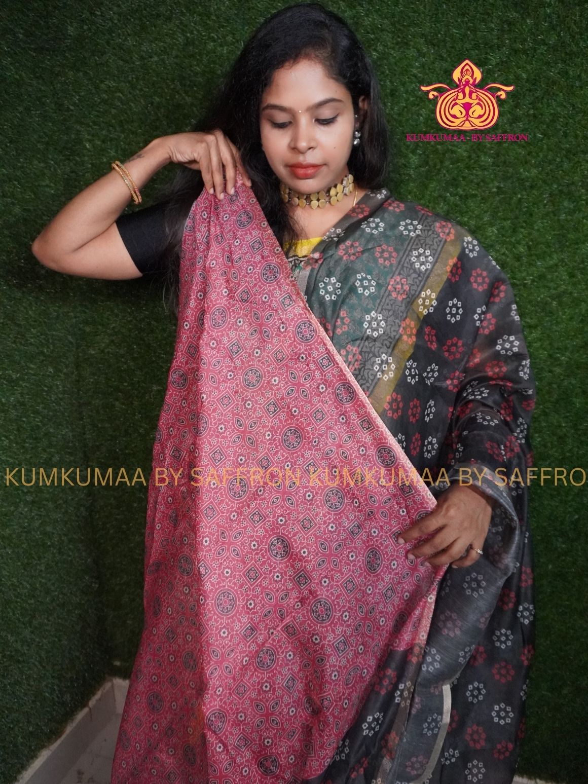 CHANDERI COTTON - BLACK WITH AJRAKH - DOTS DESIGN - PROFESSIONAL WEAR- MINIMALIST BORDER - LATEST COLLECTION - KUMKUMAA BY SAFFRON - ELITE DESIGN