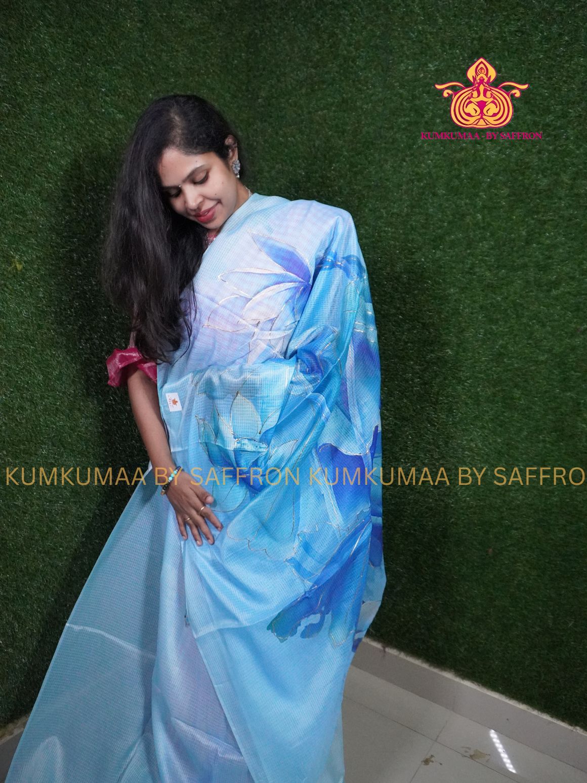 KOTA - LIGHT BLUE WITH DARK BLUE SAREE - WITHOUT BORDER- FLORAL PRINT - Kumkumaa LIGHT WEIGHT - BREATHABLE SAREE- FANCY AND ELEGANT