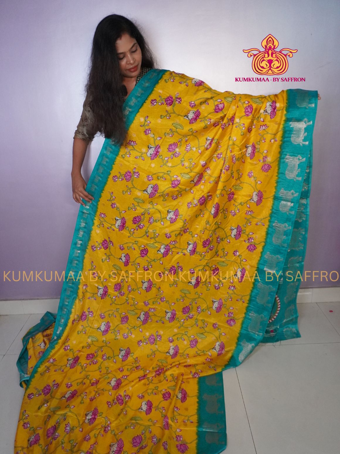 COTTON SILK-YELLOW AND TURQUOISE SAREE WITH BLOUSE -PICHWAI DESIGN PRINTED- Kumkumaa FESTIVE - PICHWAI COW ZARI WEAVING BORDER - OCCASION ELEGANCE - STYLISH AND BEAUTIFUL