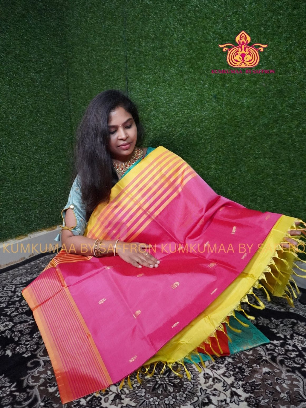 VAAZHAINAAR PATTU - PINK AND YELLOW SAREE - WITHOUT BORDER- TRADITIONAL WITHOUT BLOUSE - Kumkumaa TRADITIONAL