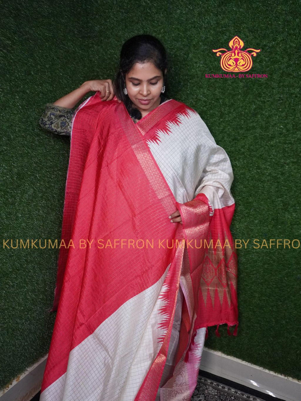 TUSSAR SILK - WHITE & RED - CHECKED SAREE - TEMPLE BORDER ETHNIC - ZARI BORDER - LATEST COLLECTION - KUMKUMAA BY SAFFRON - UNIQUE DESIGN