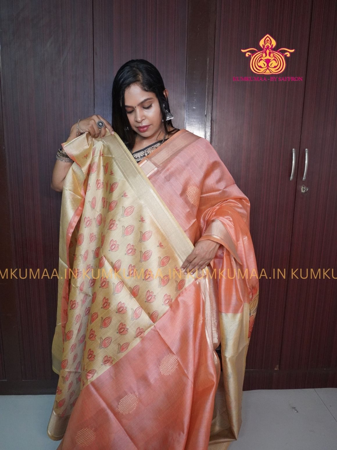 COTTON SILK- ORANGE AND BEIGE SAREE WITH BLOUSE - MINIMALISTIC BORDER -FLORAL DESIGN PRINTED- Kumkumaa FESTIVE - OCCASION ELEGANCE - STYLISH AND BEAUTIFUL