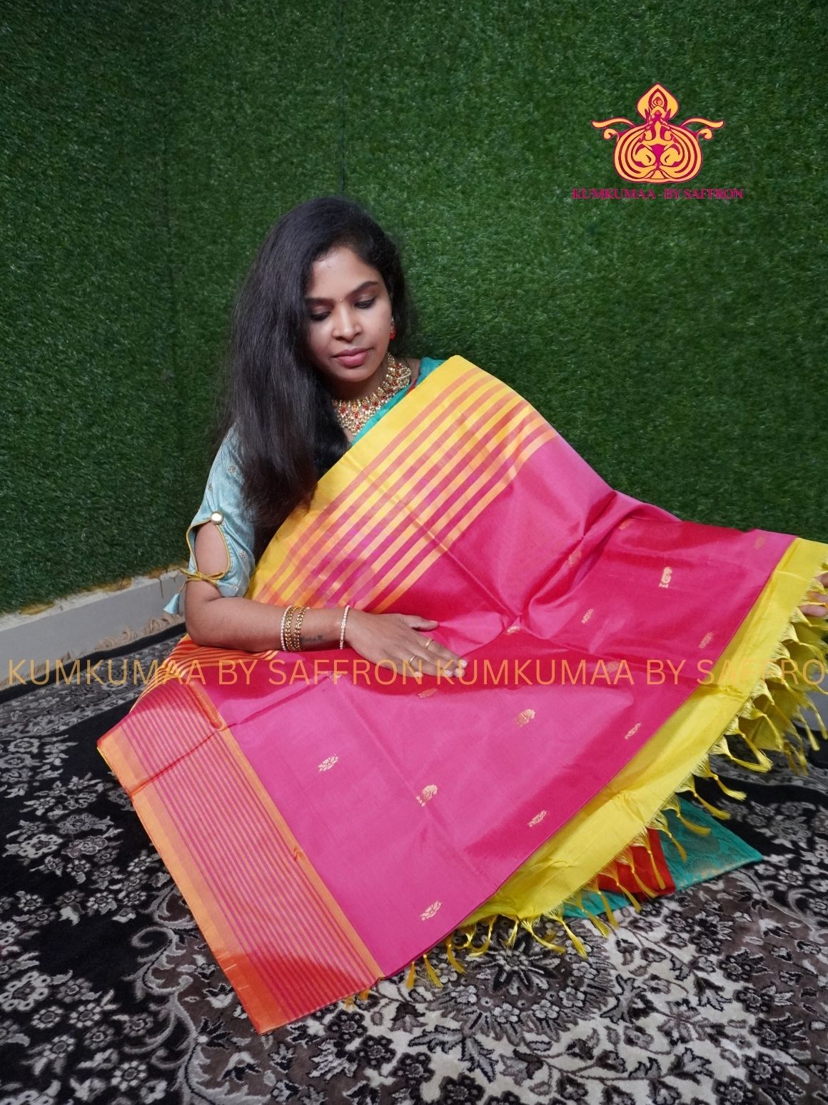 VAAZHAINAAR PATTU - PINK AND YELLOW SAREE - WITHOUT BORDER- TRADITIONAL WITHOUT BLOUSE - Kumkumaa TRADITIONAL