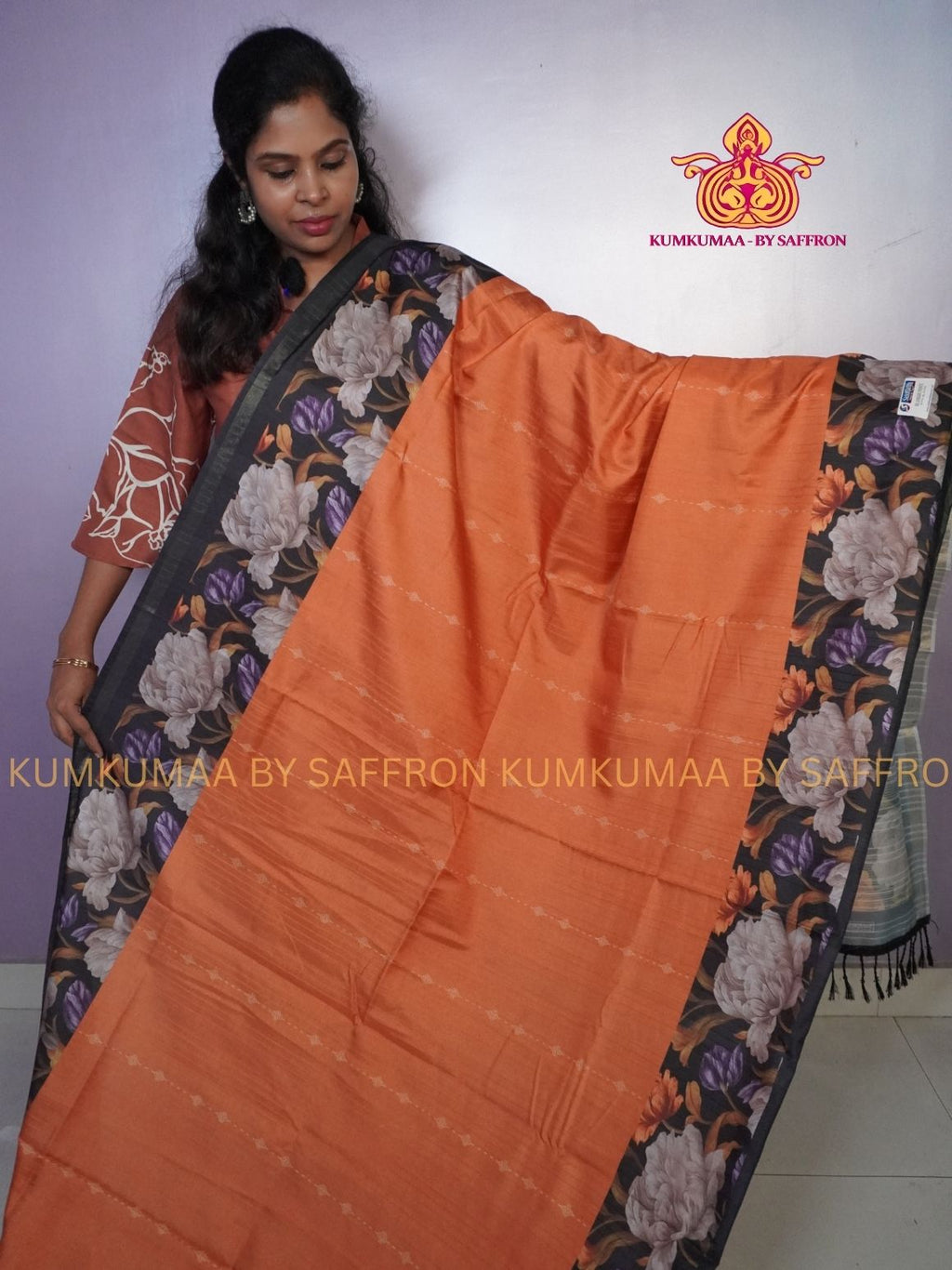 TUSSAR SILK -ORANGE WITH BLACK FLORAL PRINTED SAREE - LATEST COLLECTION - KUMKUMAA BY SAFFRON - UNIQUE DESIGN