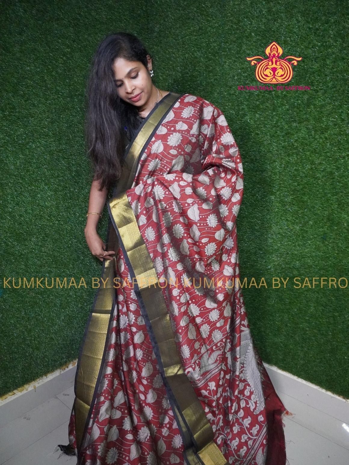 PATOLA SAREE - KALAMKARI PRINT DUAL TONE saree - RED WITH BLACK TAMARA DESIGN SAREE- Beautiful saree for women - KUMKUMAA FANCY FOR ALL OCCASION