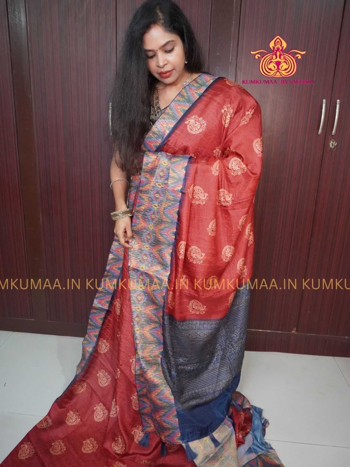 SEMI- TUSSAR SILK - RED AND MULTI COLOUR - PEACOCK DESIGN SAREE - CRUSHED BORDER - LATEST COLLECTION - KUMKUMAA BY SAFFRON - UNIQUE DESIGN