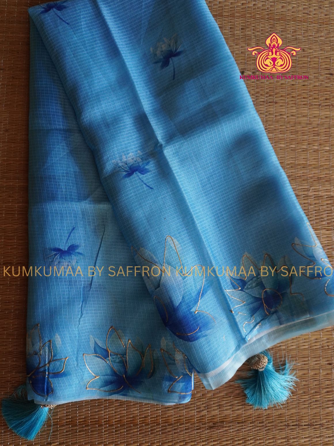 KOTA - LIGHT BLUE WITH DARK BLUE SAREE - WITHOUT BORDER- FLORAL PRINT - Kumkumaa LIGHT WEIGHT - BREATHABLE SAREE- FANCY AND ELEGANT