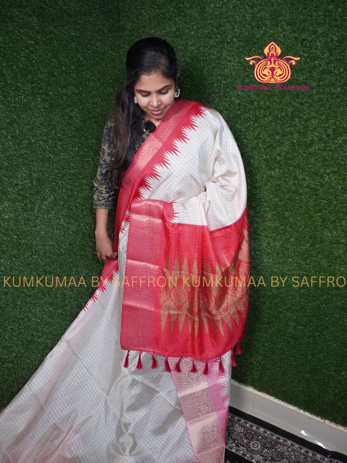 TUSSAR SILK - WHITE & RED - CHECKED SAREE - TEMPLE BORDER ETHNIC - ZARI BORDER - LATEST COLLECTION - KUMKUMAA BY SAFFRON - UNIQUE DESIGN