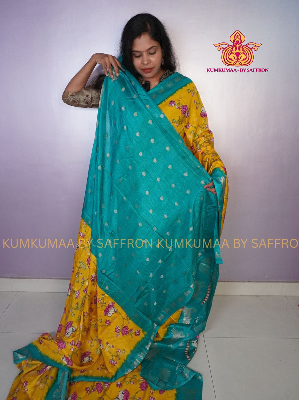 COTTON SILK-YELLOW AND TURQUOISE SAREE WITH BLOUSE -PICHWAI DESIGN PRINTED- Kumkumaa FESTIVE - PICHWAI COW ZARI WEAVING BORDER - OCCASION ELEGANCE - STYLISH AND BEAUTIFUL