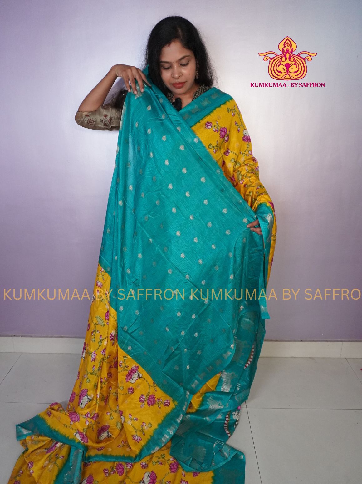 COTTON SILK-YELLOW AND TURQUOISE SAREE WITH BLOUSE -PICHWAI DESIGN PRINTED- Kumkumaa FESTIVE - PICHWAI COW ZARI WEAVING BORDER - OCCASION ELEGANCE - STYLISH AND BEAUTIFUL