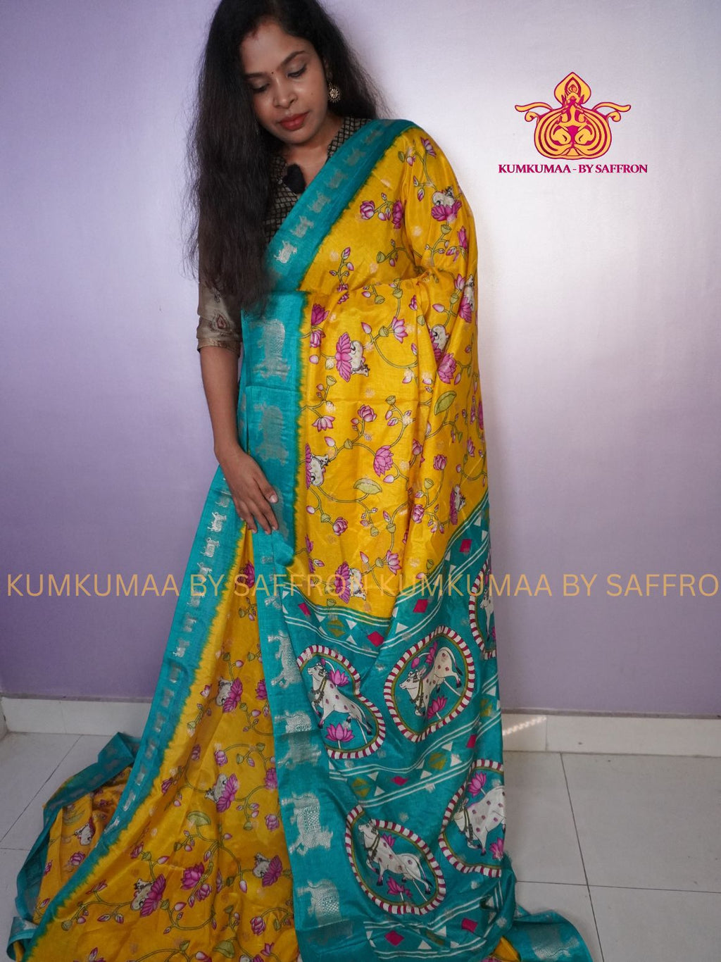 COTTON SILK-YELLOW AND TURQUOISE SAREE WITH BLOUSE -PICHWAI DESIGN PRINTED- Kumkumaa FESTIVE - PICHWAI COW ZARI WEAVING BORDER - OCCASION ELEGANCE - STYLISH AND BEAUTIFUL
