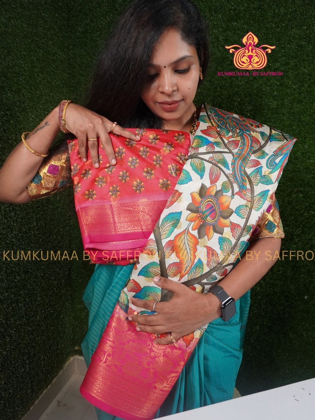 Banarasi- WHITE WITH PINK KALAMKARI PRINTED - Beautiful saree for women - FESTIVE ETHNIC WEAR - GRAND SAREE FOR ALL FUNCTIONS- KUMKUMAA UNIQUE SAREES