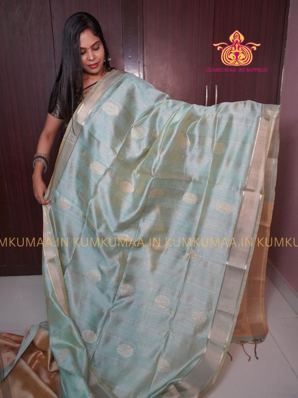 COTTON SILK- TEAL GREEN AND BEIGE SAREE WITH BLOUSE - MINIMALISTIC BORDER -FLORAL DESIGN PRINTED- Kumkumaa FESTIVE - OCCASION ELEGANCE - STYLISH AND BEAUTIFUL